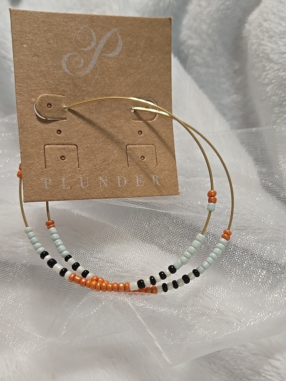 Plunder Gold Hoop Earrings with Orange, Mint and Black Beads